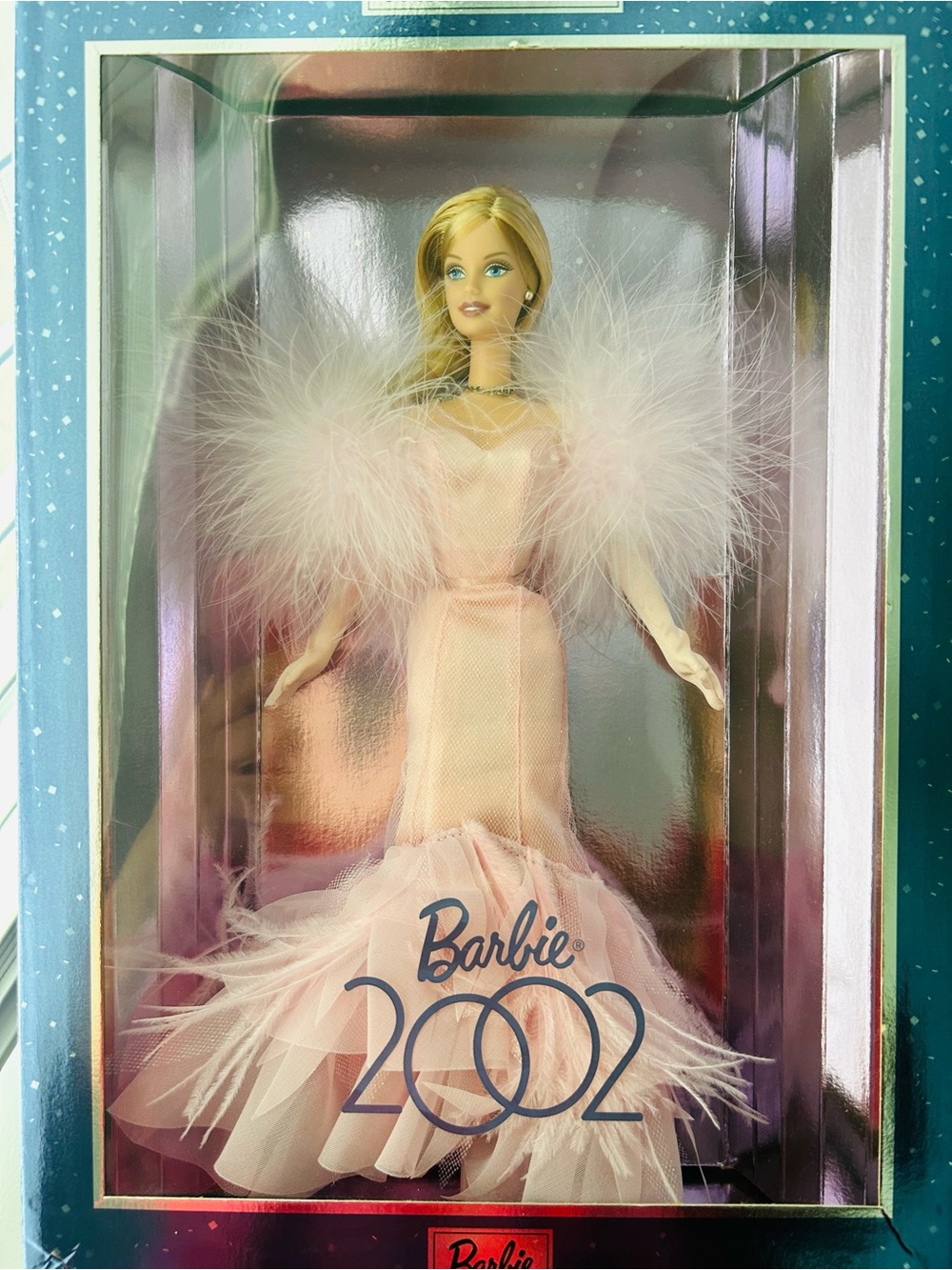 NIB Beautiful Pretty Pink Feather Trim Gown Barbie 2002 Collector Edition Doll